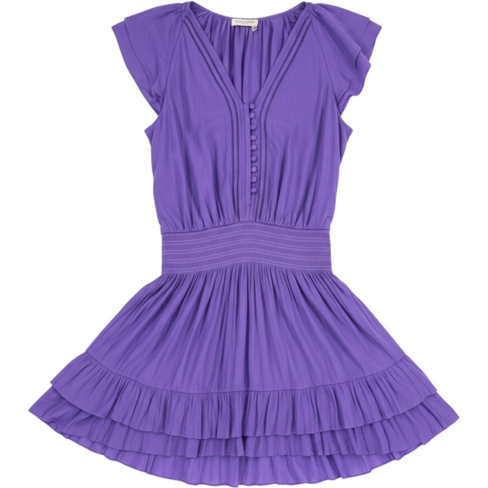 Ramy Brook Vivid Purple Smocked Drop Waist Tiered Ruffle Mini Dress L Boho EUC